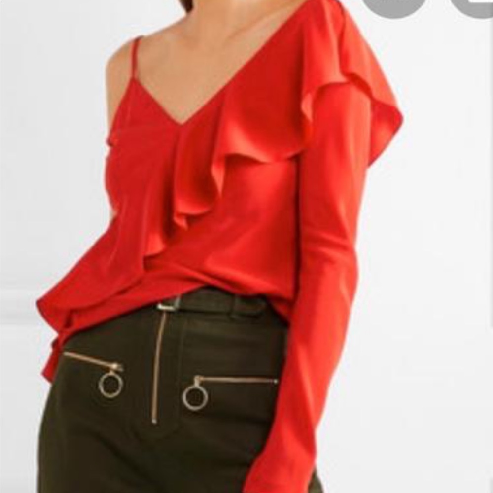 DVF Red One Shoulder Ruffle Blouse - Picture 2 of 5